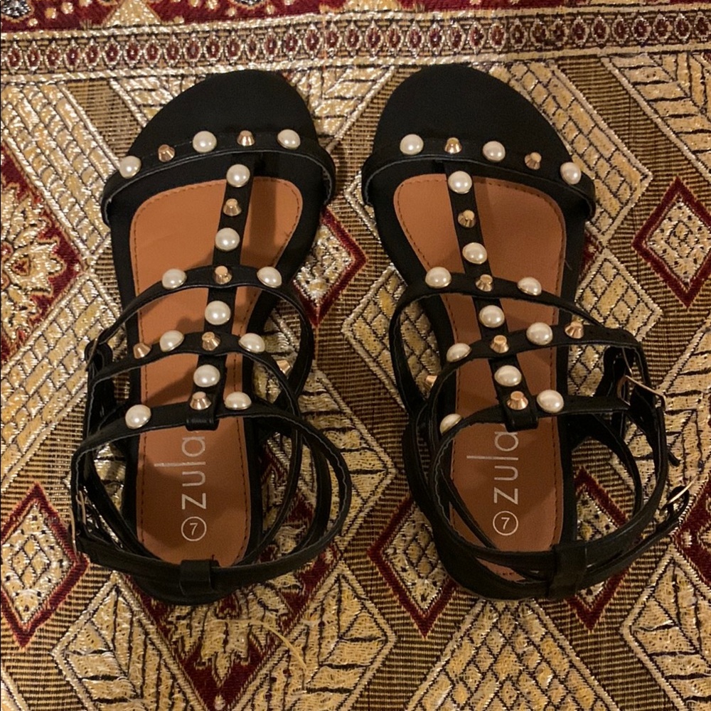 Gold and Black Sandals with Studded Straps